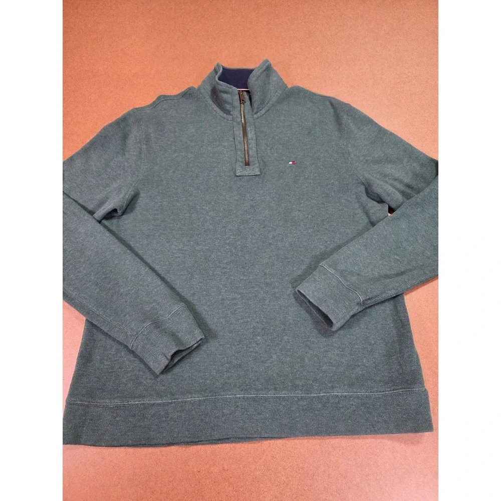 Tommy Hilfiger Mens Green Quarter Zip Pullover Cotton Sweater Size Large